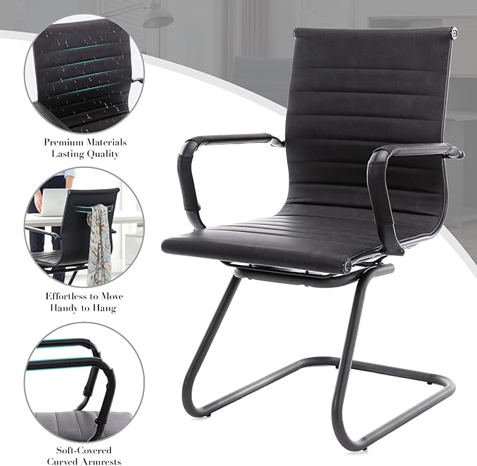 CIMOTA Waiting Room Chairs Leather Office Guest Chair Mid Back Reception Chairs with Sled Base for Meeting/Patient/Conference Room, Retro Black Set of 2