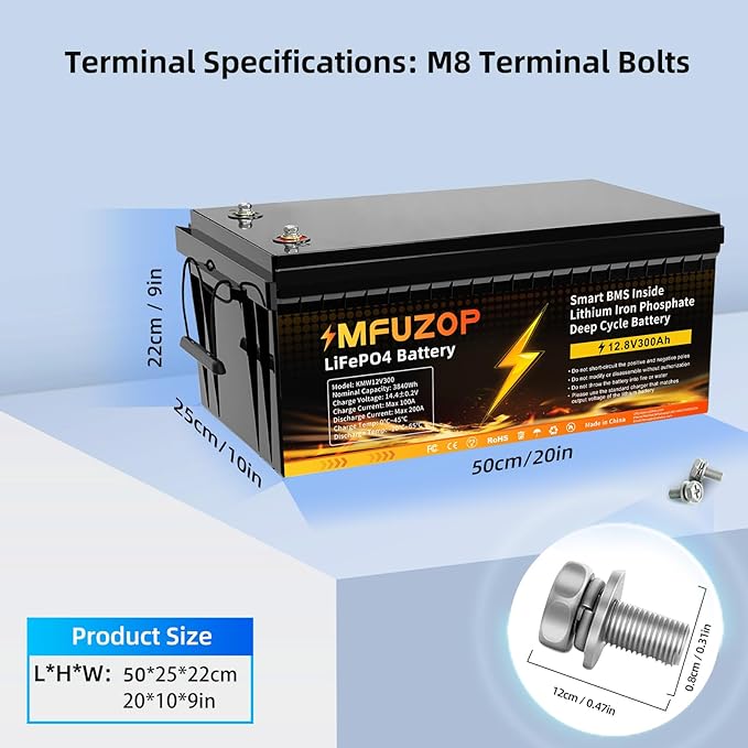 12V 300Ah LiFePO4 Battery Integrated 200A BMS 8000+ Cycling Deep Cycle Li-Ion Battery MAX 3840W Power Supports series/parallel connection, great for solar, RV, boat and off-grid use.