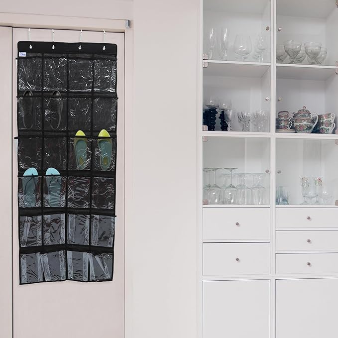 24-Compartment Hanging Shoe Organizer Bag, Black Non-Woven Fabric Storage Hanging Bag with Pockets for Door or Wall, Bedroom Shoe Storage Solution