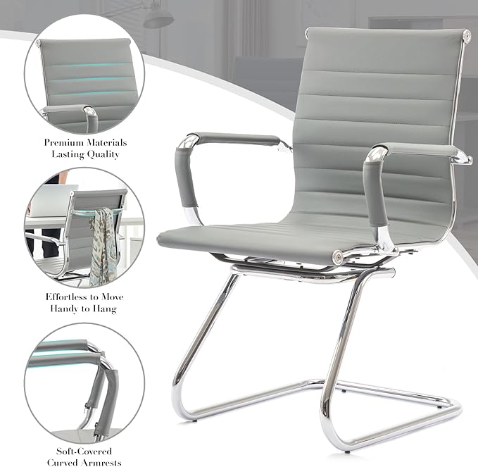 CIMOTA Waiting Room Chairs Leather Office Guest Chair Mid Back Reception Chairs with Sled Base for Meeting/Patient/Conference Room, Grey Set of 2