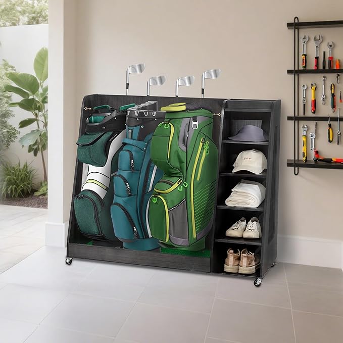 Wooden Golf Bag Organizer and Storage Rack, Accommodate Golf Bags and Golf Clubs/Hockey Sticks, Golf Balls, Inside and Outside The Garage shed Basement