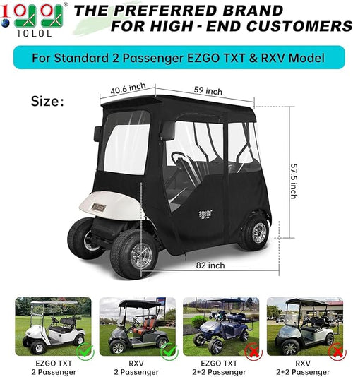 10L0L 2/4 Passenger Golf Cart Driving Enclosure for EZGO TXT/RXV Model, 4-Sided Clear Window 600D Rain Cover All Weather Windproof Waterproof - Black/Beige