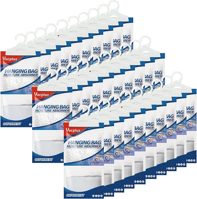 Vacplus Moisture Absorbers 30 Pack, Fragrance Free Hanging Humidity Packs with Sturdy Hook, Effective Closet Dehumidifier for Bathroom, Laundry Room, Basement, 9.8Oz