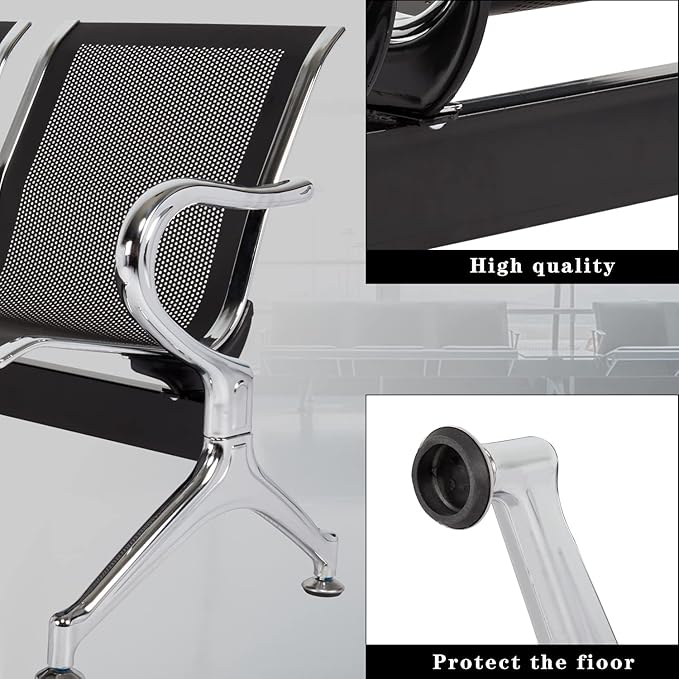 3-Seat Waiting Room Chairs - Waiting Room Bench with Arms Airport Reception Bench Guest Reception Chairs Lobby Bench Waiting Area for Airport Market Bank Hospital School Barbersho, Black