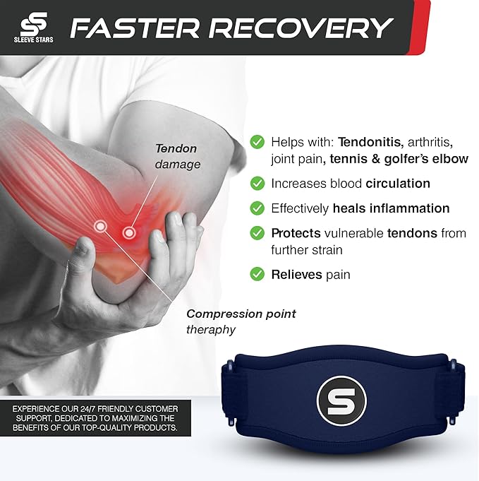 Sleeve Stars Tennis Elbow Brace for Women - Adjustable Tennis Elbow Strap, Golfers Elbow Brace for Men, Counterforce Brace for Tendonitis Relief, Fits 9"-23" (Single/Navy Blue)