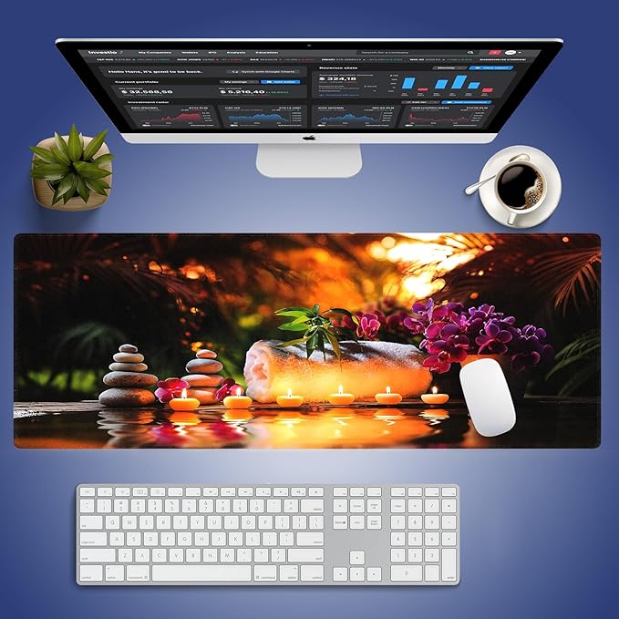 Wknoon. Extra Large Gaming & Office Mouse Pad (31.5" x 11.8") – Zen Zone Mindful Serenity Glowing Candles Orchid Whispers and Stone Harmony, Anti-Slip XXL Desk Mat with Durable Stitched Edges
