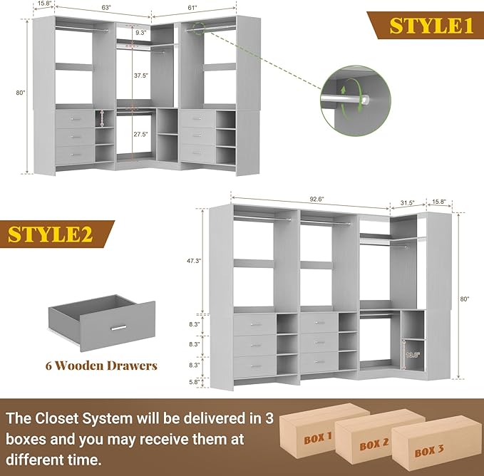 Aheaplus Closet System with 6 Drawers, 4 Hanging Rods & Corner Tower, Corner Closet System with Hanging,92.6" L-Shaped Walk-In Wardrobe Organizer, 2000+ lbs Capacity, Set of 3, Grey