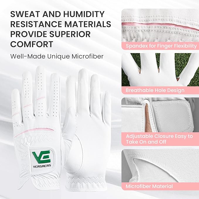 Premium All Weather Grip Golf Gloves Women's 2 Pack, Soft Comfortable & Rain Grip Hot Wet Left Hand for Right Handed Golfer, Breathable No Sweat Fit Size Small Medium Large