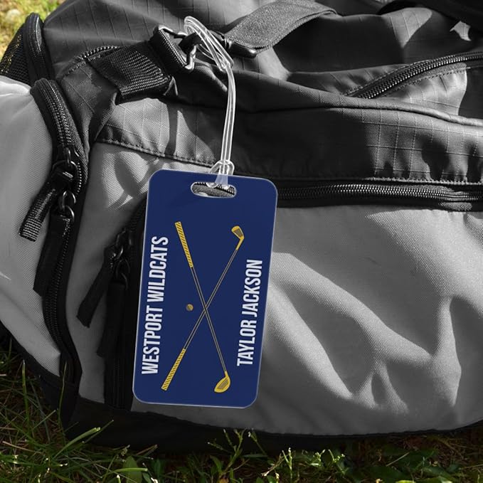 ChalkTalkSPORTS Golf Luggage & Bag Tag | Personalized Crossed Golf Clubs | Standard Lines on Back | Large | Navy/Gold