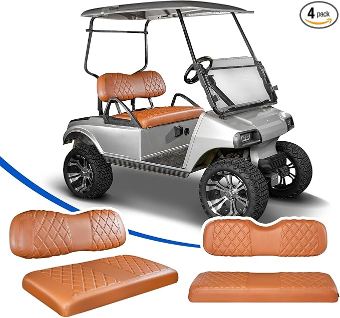 NOKINS 4PCS Golf Cart Diamond Seat Covers Kit, Front and Rear Seat Covers Fits Club Car DS 2000.5-Up Standard Seat Cushion, Club Car DS Vinyl Seat Covers Accessories (All Brown)