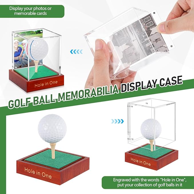Wenqik Hole in One Golf Ball Display Case with Wood Base and Tee Golf Display Case Clea Ball Holder Stand Acrylic Transparent Storage Box for Single Dust UV Protection