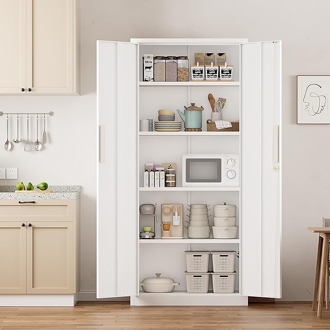 Greenvelly Metal Pantry Cabinet, 63”Tall White Kitchen Pantry Storage Cabinets with 2 Lock Doors and 4 Adjustable Shelves for Home Office, Dinning Room,Garage