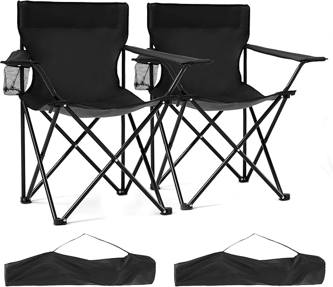 2 Pack Lightweight Portable Camping Chairs Folding Lawn Chair Outdoor Beach Chair with Cup Holder & Carry Bag for Outside Sports, Fishing, Hiking, Travel, Picnic, Backyard（Black）