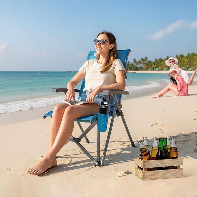 SUNNYFEEL 3-Position Recliner High-Back Camping Chair, Heavy Duty 500lbs Folding Chair with Hard Armrests & Cup Holder, Blue Ergonomic Chairs TPEE Breathable Mesh for Outdoor, Camp, Beach, Travel