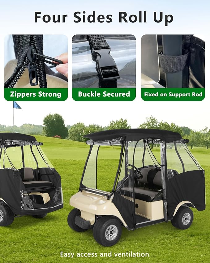 Golf Cart Enclosures 4 Passenger Short Roof 58 inch for Club Car DS 2+2 Seater,600D Clear Rain Cover Driving Enclosure,Roll Up 4 Sided Transparent Windows&Door Heavy Duty Zipper,Side Mirrors Openings