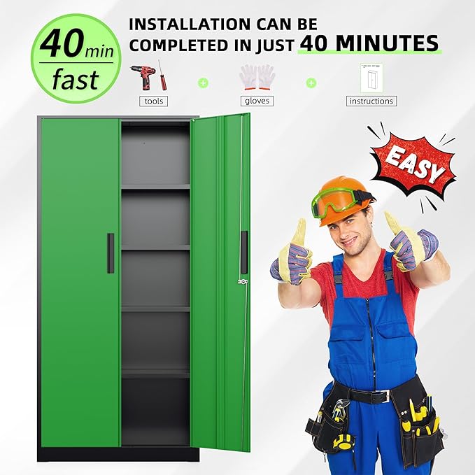 INTERGREAT Metal Storage Cabinet with Doors, 72" Locking Steel Storage Cabinet with Shelves, Tall Metal Cabinet Lockable Steel Cabinets for Home Office, Garage,(Black+Green)