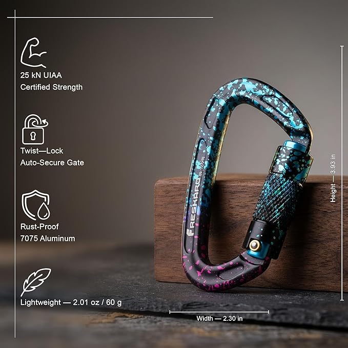 FresKaro UIAA Certified 25KN Auto Locking Climbing Carabiner Clips, Twist Lock, and Heavy Duty Carabiners for Rock Climbing, Rappelling, and Mountaineering, D Shaped