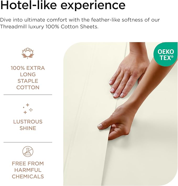 Threadmill Luxury 800 Thread Count California King 100% Cotton Sheets - Ivory Sateen Weave Bed-Sheets, Better Than Egyptian Cotton, 4 Pc Solid Bed Set, Fits 16" Deep Pocket