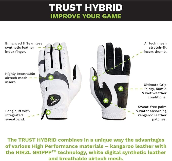 HIRZL Trust Hybrid Golf Glove– All Weather Mens Golf Glove (White/Black) | Nylon, Kangaroo Leather, Polyester | Ultimate Grip (Wet or Dry), Ergonomic Fit, Breathable, Sweat Free, Water Repellent