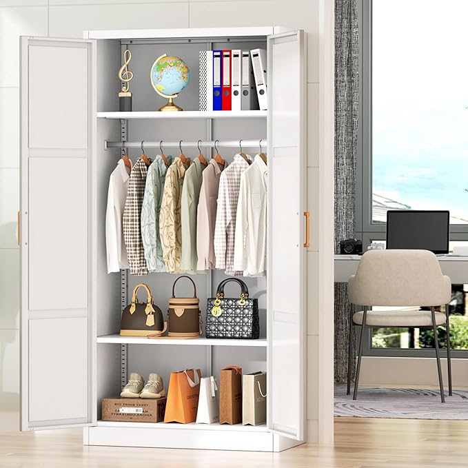 Greenvelly Metal Wardrobe Cabinet with Wooden Handle, 72" Metal Wardrobe Closet with Hanging Rods and Adjustable Shelves, Clothing Storage Closet Cabinet for Home, Office, Employee, Gym (White)