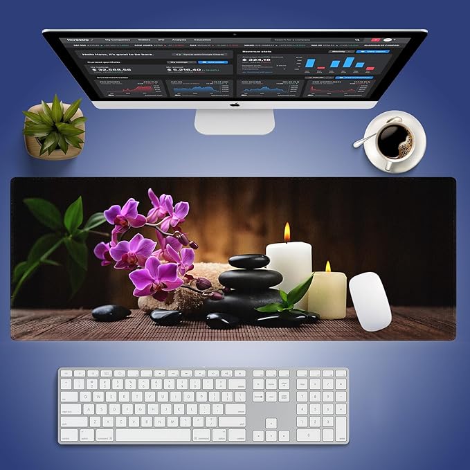 Wknoon. Extra Large Gaming & Office Mouse Pad (31.5" x 11.8") with Durable Stitched Edges – Natural Peaceful Scene Tranquil Spa Ambiance of Candles, Stones and Orchids Flowers, Anti-Slip XXL Desk Mat