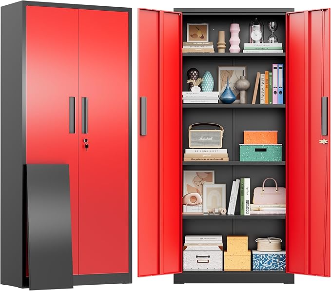 Greenvelly Metal Pantry Cabinet, 63”Tall Kitchen Pantry Storage Cabinets with 2 Lock Doors and 4 Adjustable Shelves for Home Office, Dinning Room,Garage(Black Red)