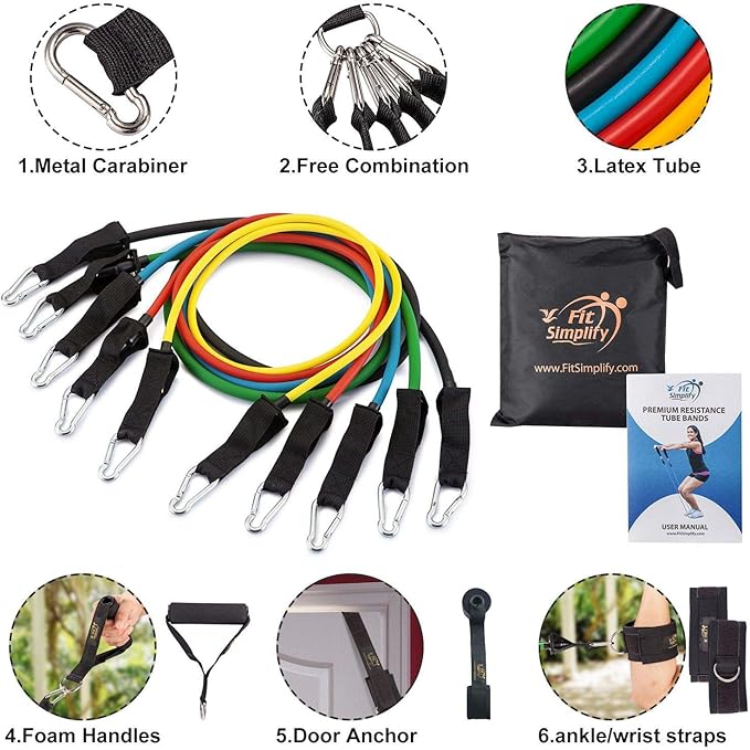 Fit Simplify Resistance Tube Bands 12 Piece Set with Instruction Booklet