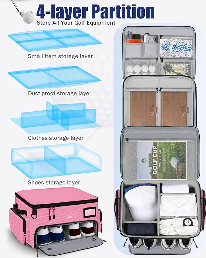 Golf Trunk Organizer, Waterproof Car Golf Locker with Separate Ventilated Compartment for 2 Pair Shoes, Golf Storage for Balls, Tees, Cap, Clothes, Gloves, Accessories, Gifts for Men, Women