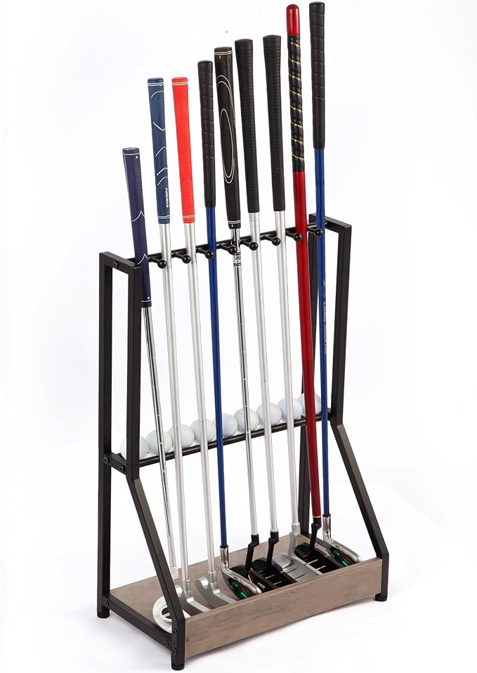 Golf Putter Stand for 9 Clubs & 9 Balls, Solid Wood & Iron Golf Club Rack, Golf Club Organizer Floor Stand, Golf Club Holder | Rustic Modern Design for Home, Office, Golf Course Accessories