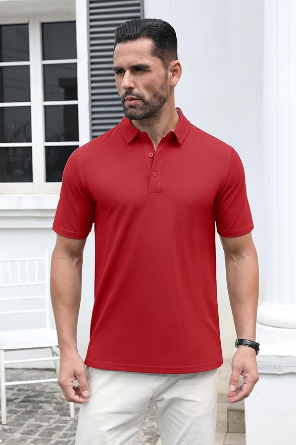MAGCOMSEN Men's Polo Shirts Short Sleeve Cotton Pique 3 Button Classic Fit Casual T-Shirt Performance Golf Shirts