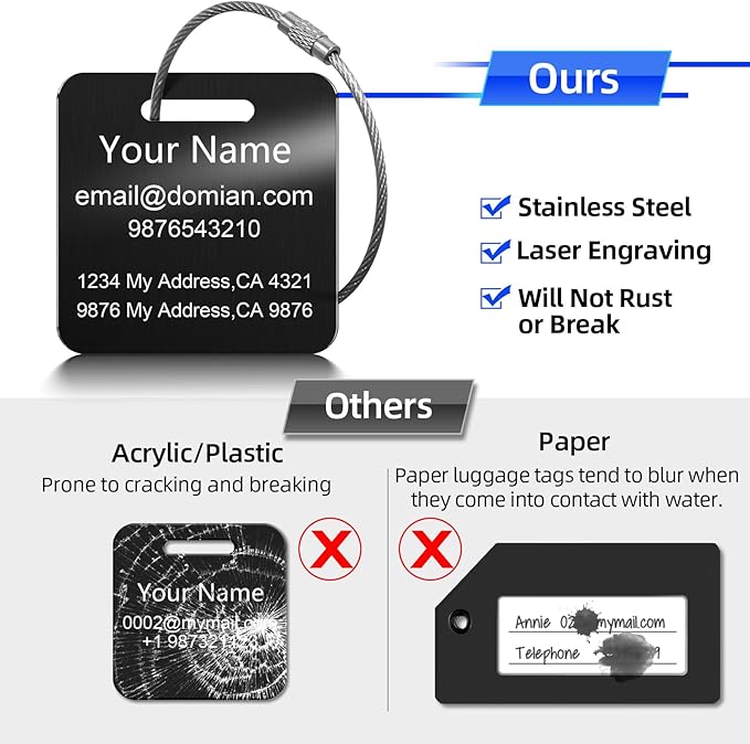 Stainless Steel Personalized Luggage Tags for Suitcases - Custom Name ID Travel Tags for Luggage, Backpacks and Bags - Metal Travel Essentials Accessories for Kids, Women and Men - Bulk Set (2 Pack)