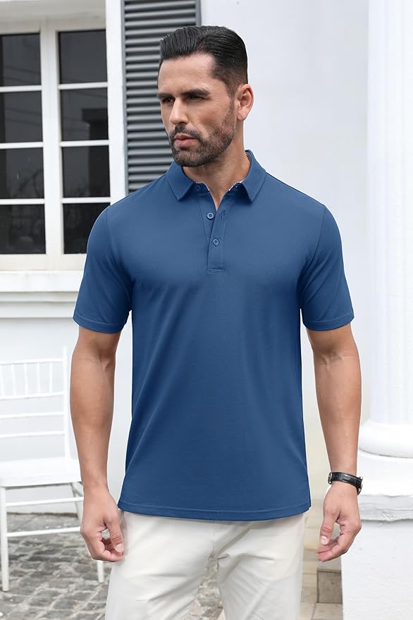 MAGCOMSEN Men's Polo Shirts Short Sleeve Cotton Pique 3 Button Classic Fit Casual T-Shirt Performance Golf Shirts
