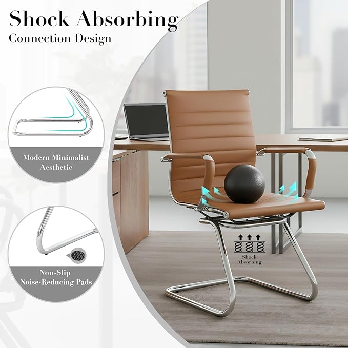 CIMOTA Waiting Room Chairs Leather Office Guest Chair Mid Back Reception Chairs with Sled Base for Meeting/Patient/Conference Room, Brownish Yellow Set of 6