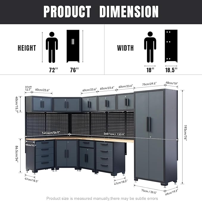 15-Piece Corner Garage Storage Cabinet System - Heavy Duty Workshop Set w/Corner Cabinet Includes Workbench, Pegboard & Lockable Drawers | Metal Tool Organization System for Garage/Workshop