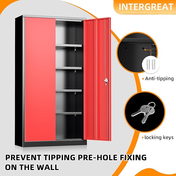 INTERGREAT Metal Storage Cabinet with Doors, 72" Locking Steel Storage Cabinet with Shelves, Tall Metal Cabinet Lockable Steel Cabinets for Home Office, Garage,(Black+Red)