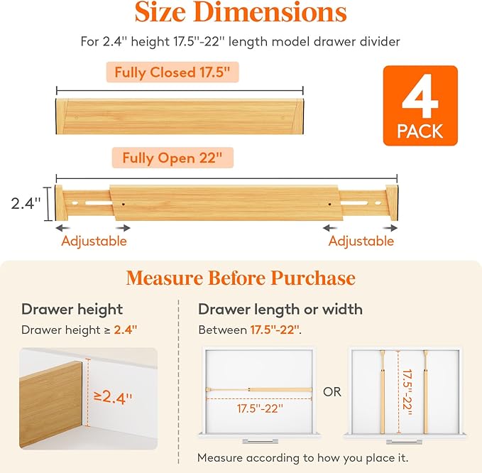 Lifewit 4 Pack Bamboo Drawer Dividers 2.4" High, 17.5-22" Kitchen Drawer Organizers, Adjustable Wooden Drawer Dividers for Clothes, Expandable Drawer Separators for Dresser, Bedroom, Bathroom, Cabinet