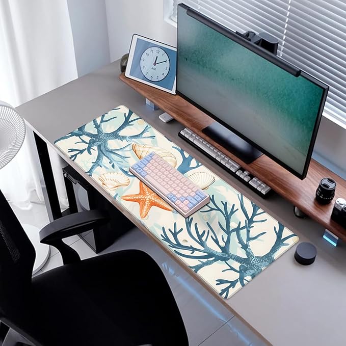 Starfish Coral Ocean Gaming Mouse Pad, Desk Mat, Non-Slip Rubber Base Cool Aesthetic MousePads for Computer Laptop Keyboard Office School Home Desktop Accessories Decor 31.5" x 11.8"