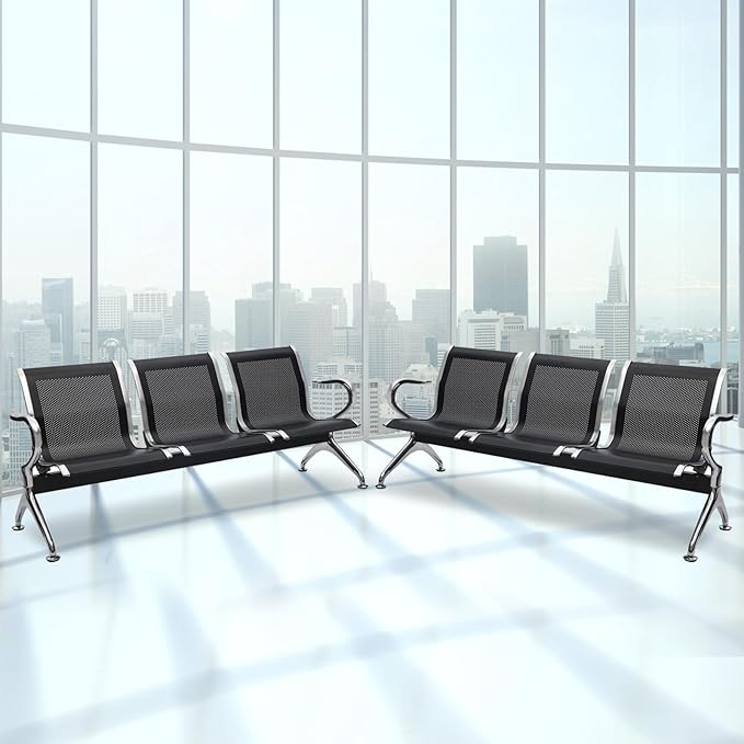 kinbor Waiting Room Chairs - Durable Black Reception Bench with Armrests, 3-Seat Office Reception Guest Chairs for Office, Hospital, Airport, Bank & Lobby (Set of 2)