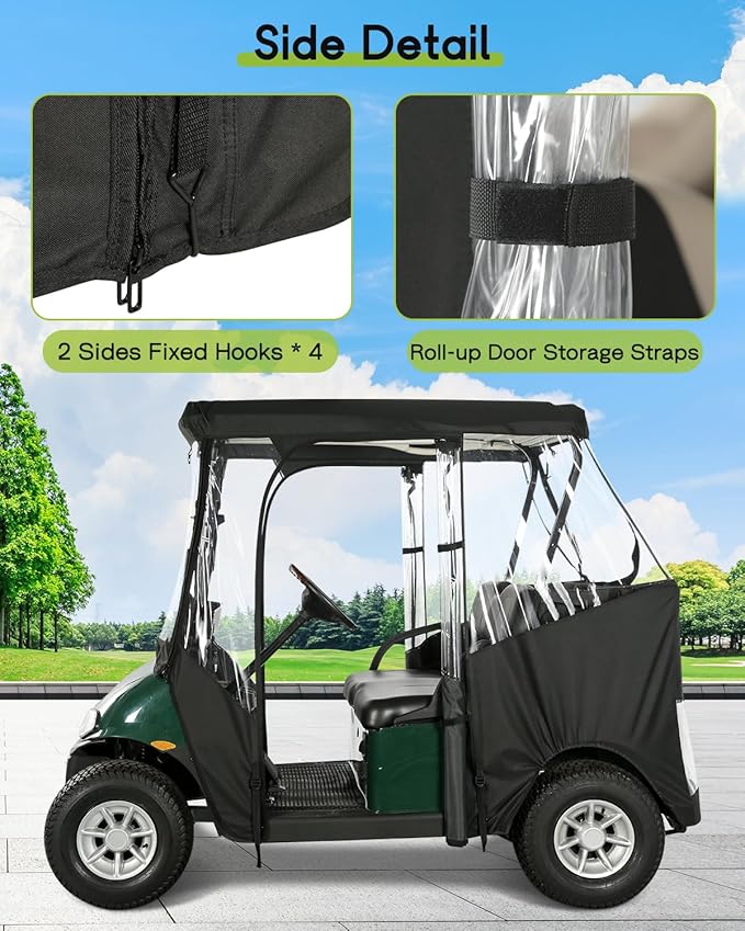 Golf Cart Enclosure 2 Passenger for EZGO TXT RXV 2-Seater 600D Waterproof Transparent Driving Rain Cover 57.5 Inch Roof 4-Sided Clear Windows Roll-Up Door Black