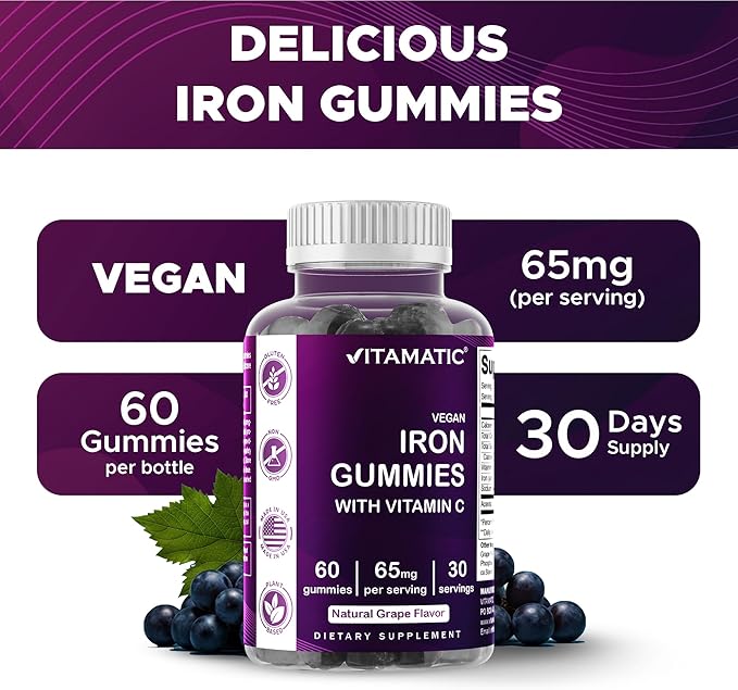 Vitamatic Iron 65 mg Gummies Supplement for Women & Men - 60 Vegan Gummies - Great Tasting Iron Gummy Vitamins with Vitamin C (3)