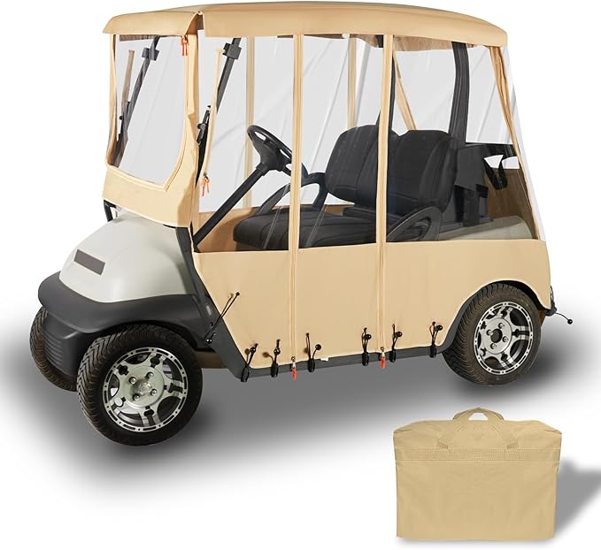 Tecoom Golf Cart Enclosure 2 Passenger, Rain Cover 600D Oxford Waterproof Snowproof, 4 Door Zippers, Clear Windows & 8 Windproof Hooks, Fit for EZGO, Yamaha, Club Car, 59'' Roof Length, Beige