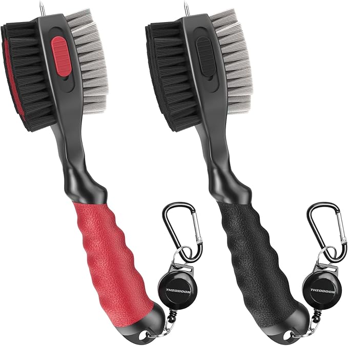 THIODOON 2 Pack Golf Club Brushes and Groove Cleaner 2 ft Retractable Zipline Carabiner Golf Brush Head with Retractable Spike Comfortable Grip Golf Club Cleaner