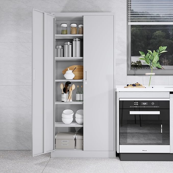 CJF Metal Storage Cabinet, 72" H Locking Storage Cabinet with Adjustable Shelves, Steel Cabinets for Garage, Office, Home, School-White