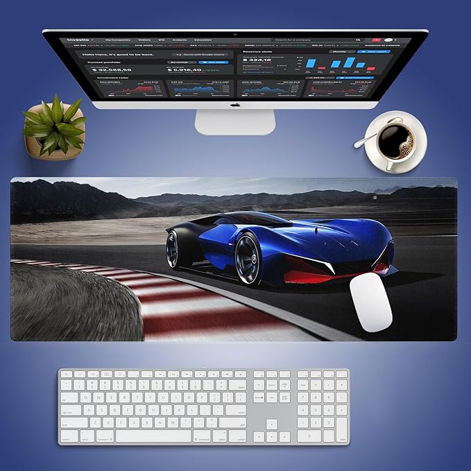 Wknoon. Extra Large Gaming & Office Mouse Pad (31.5" x 11.8") with Durable Stitched Edges – Navy Blue Fast Racing Car Furiously Running on The Race Track, Anti-Slip Rubber Base Extended XXL Desk Mat