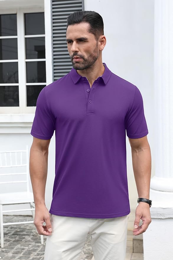 MAGCOMSEN Men's Polo Shirts Short Sleeve Cotton Pique 3 Button Classic Fit Casual T-Shirt Performance Golf Shirts