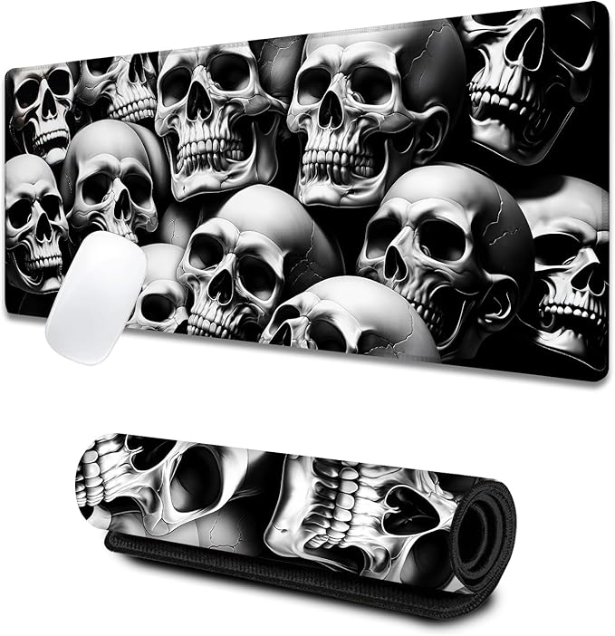 Horror Skull Large Gaming Desk Mat,Rubber Non-Slip White and Black Skulls Mouse Pad,31.5x11.8x0.12in Extended Goth Mousepad,Game Lover Mice Pads Gifts,Office Home Deskmat Decor