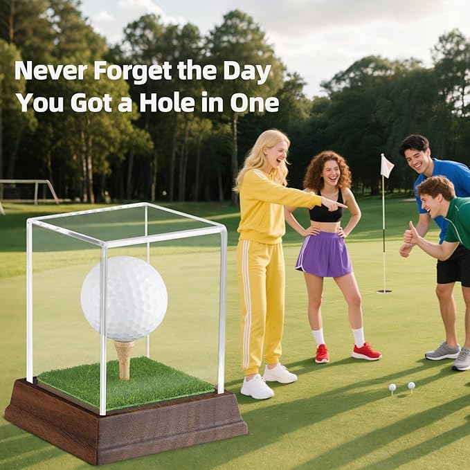 Golf Ball Display Case Hole in One Golf Ball Display Case Walnut Wood Base Acrylic Golf Ball Holder Display Uv Protection Golfball Stand,Golf Office Decor Gifts for Men