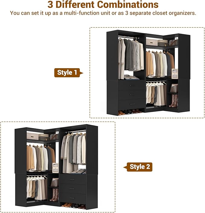 Aheaplus Closet System with 3 Drawers, 2 Hanging Rods & Corner Tower, Corner Closet System with Hanging, L-Shaped Walk-In Wardrobe Organizer, 1300+ lbs Capacity, Set of 2, Black