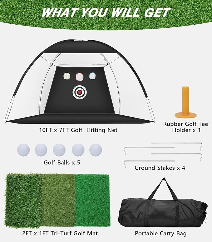 Foldable Golf Hitting Net, 7x5FT Practice Net with Tri-Turf Mat & Target, Includes Balls/Tees for Indoor Outdoor Backyard Training – Gifts for Men, Dad, Golfers