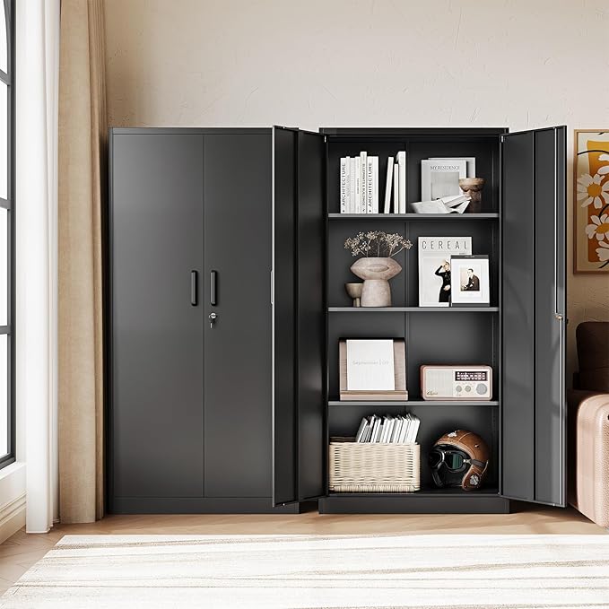 Letaya Metal Black Storage Cabinet with Adjustable Shelves and Lock Door-Metal Pantry Cabinets for Home,Office,Warehouse,Utility Room